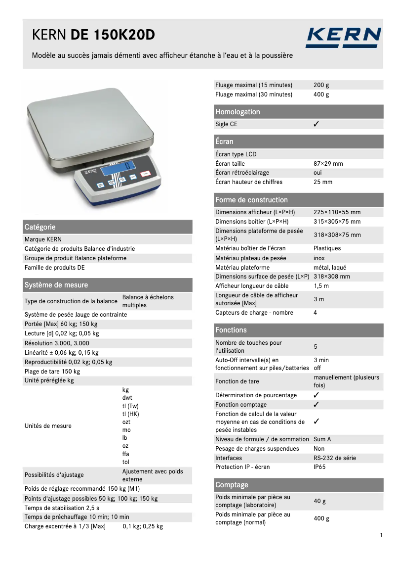 Página 1 del manual Ficha técnica Kern DE 150K20D