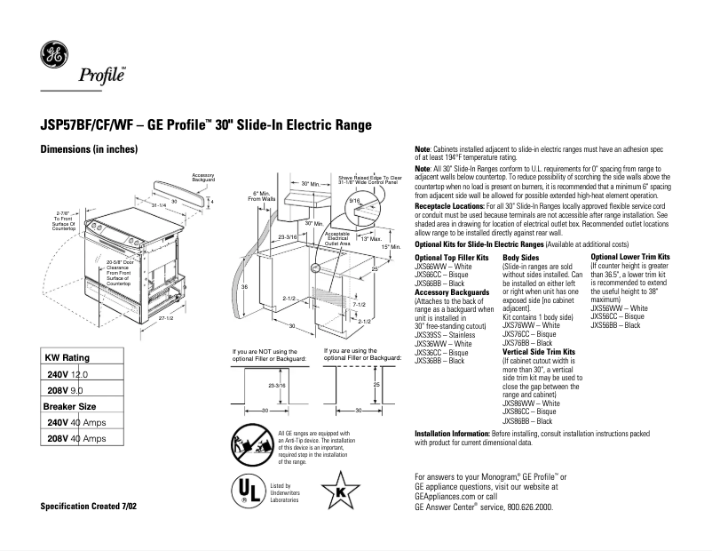 Página 1 del manual Ficha técnica GE Profile JSP57CFCC