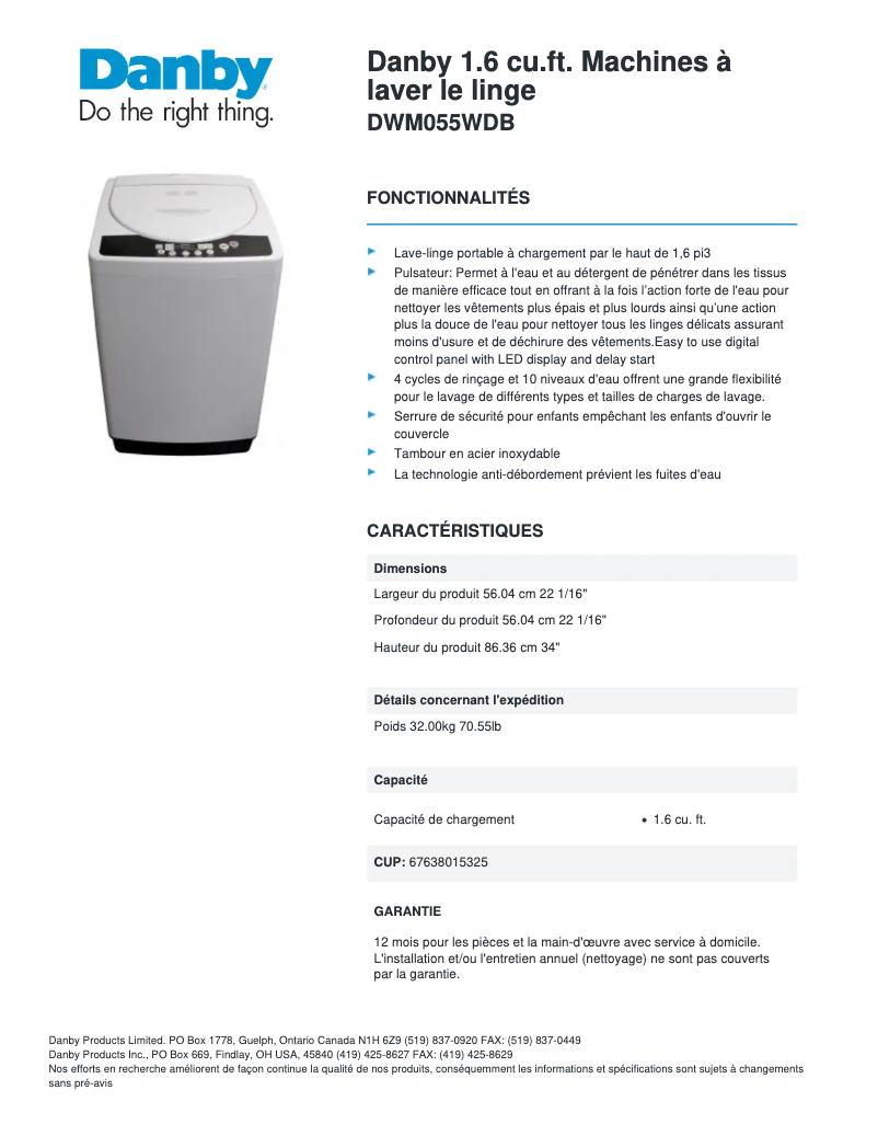 Página 1 del manual Ficha técnica Danby DWM055WDB