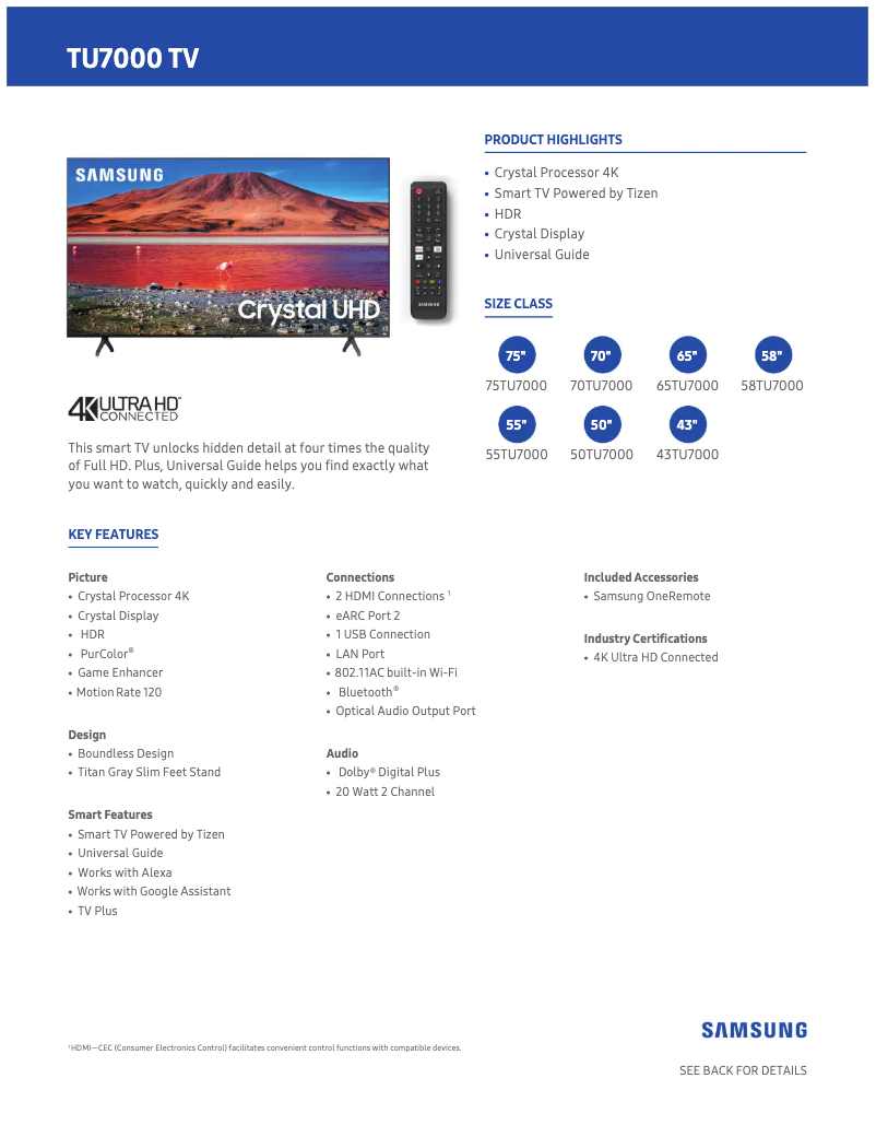 Página 1 del manual Ficha técnica Samsung UN55TU7000FXZA