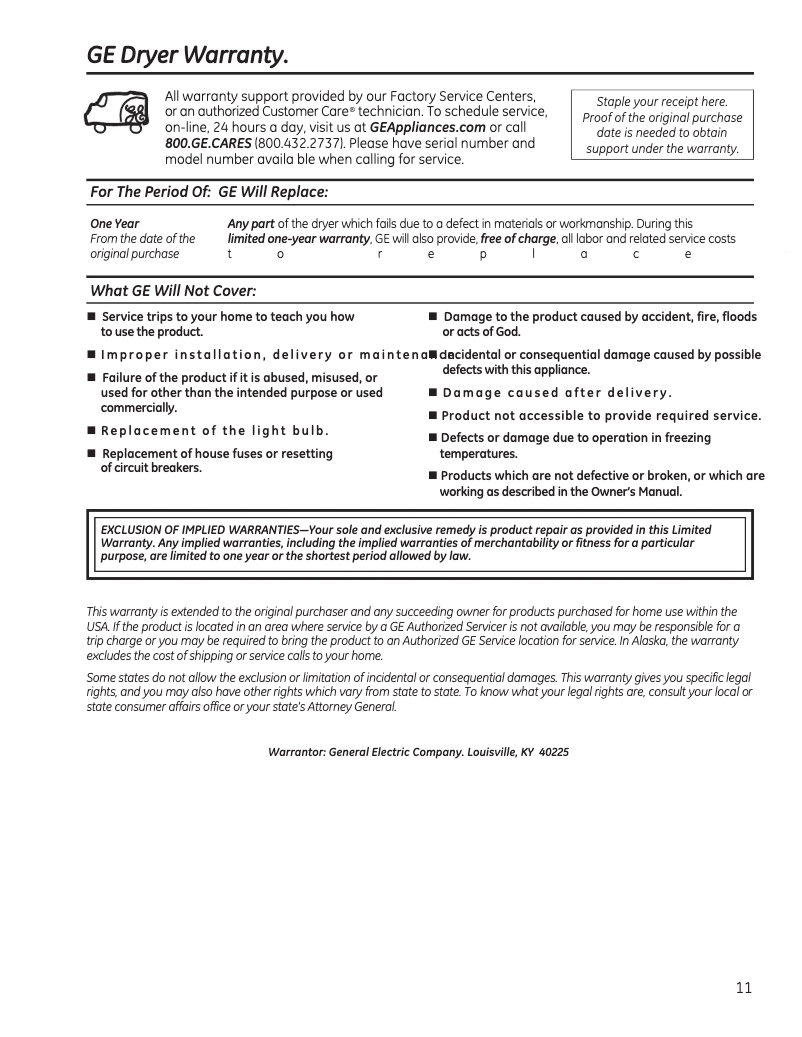 Página 1 del manual Información de garantía GE GTD33EASKWW