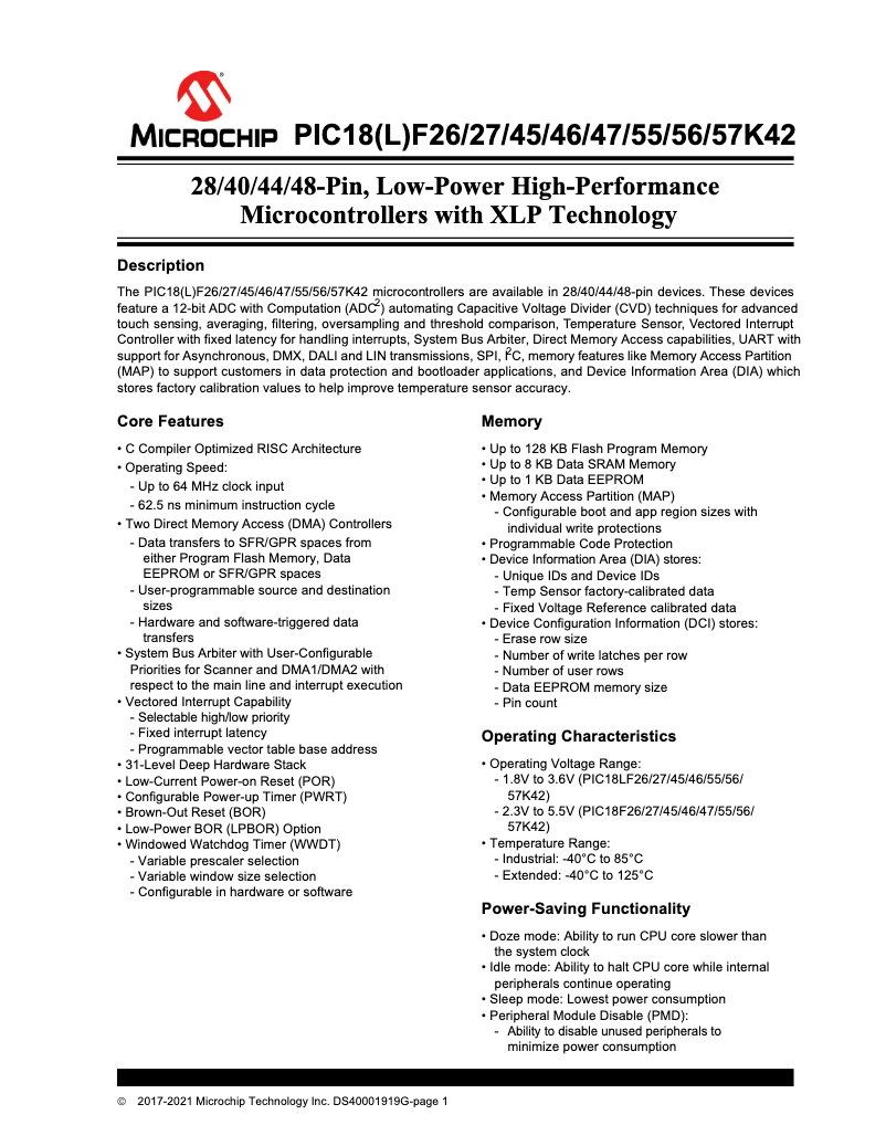 Imagen de la primera página del manual del dispositivo PIC18F45K42