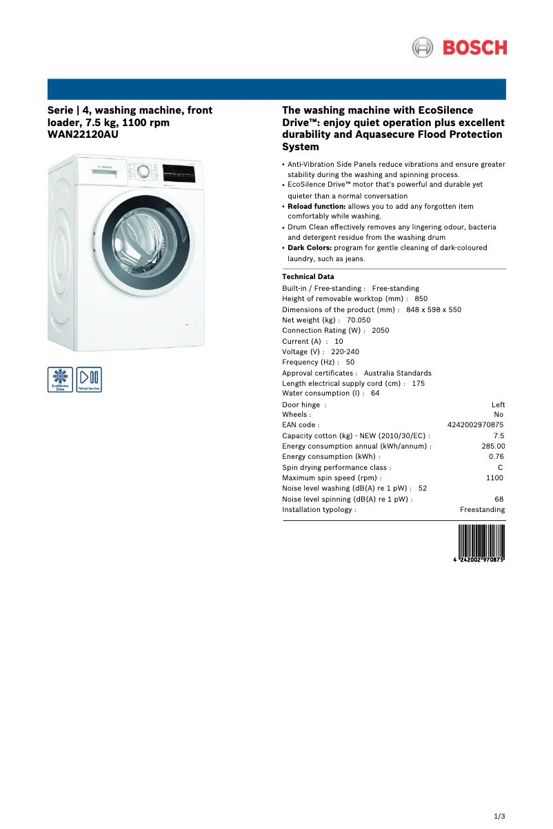 Página 1 del manual Ficha técnica Bosch WAN22120AU