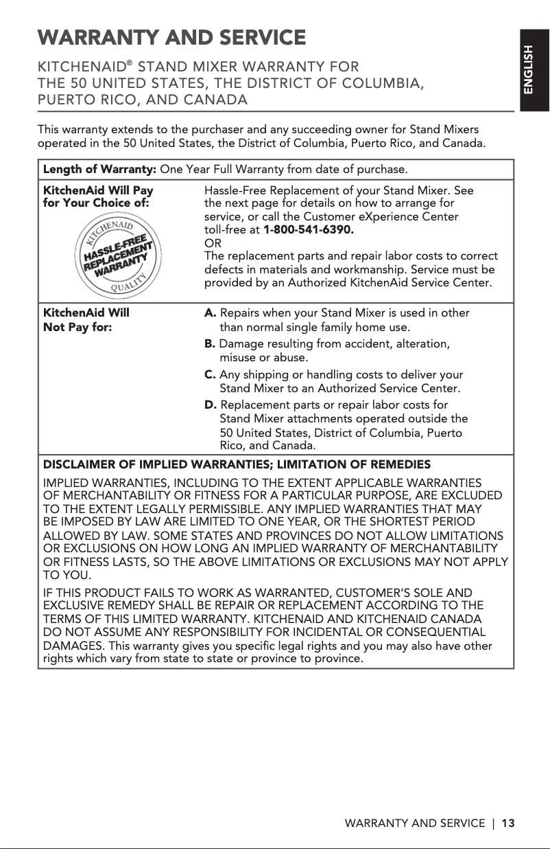 Página nº 1 - Información de garantía KitchenAid KSM3311XBF