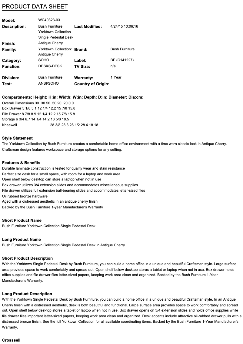 Página 1 del manual Ficha técnica Bush Yorktown WC40323-03