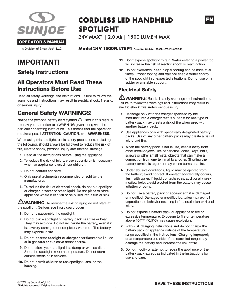 Página 1 del manual Manual de usuario Sun Joe 24V-1500FL-LTE-P1