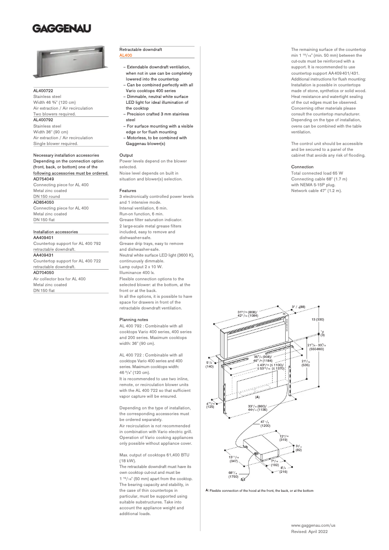 Página 1 del manual Ficha técnica Gaggenau AL400722
