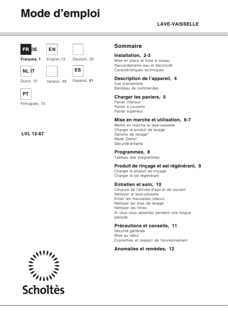 Página 1 del manual Manual de usuario Scholtès LVL 12-67