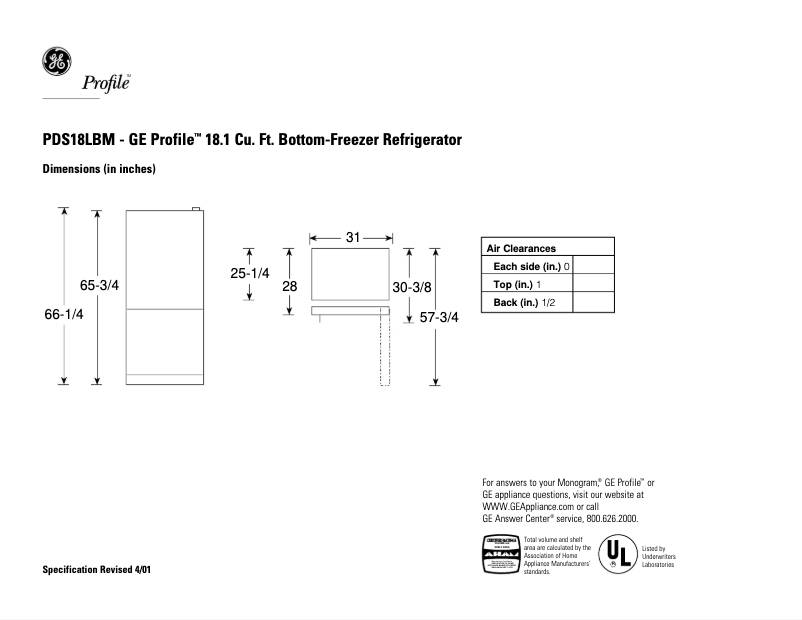 Página 1 del manual Ficha técnica GE Profile PDS18LBMBB