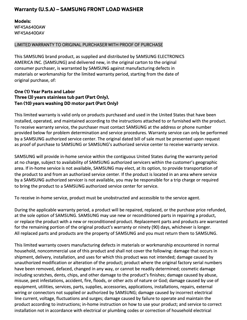 Página 1 del manual Información de garantía Samsung WF45A6400AW