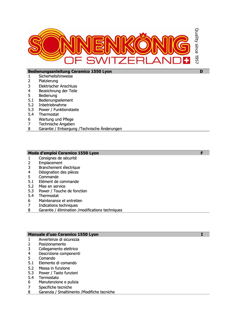 Página nº 1 - Manual de usuario Sonnenkönig Lyon