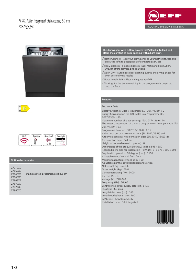 Página 1 del manual Ficha técnica Neff S187ECX23G