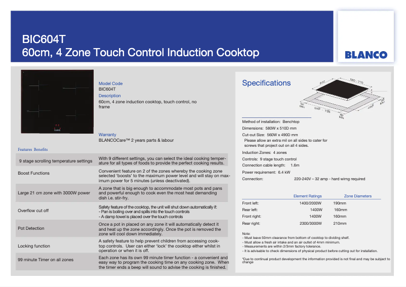 Página 1 del manual Ficha técnica BLANCO BIC604T
