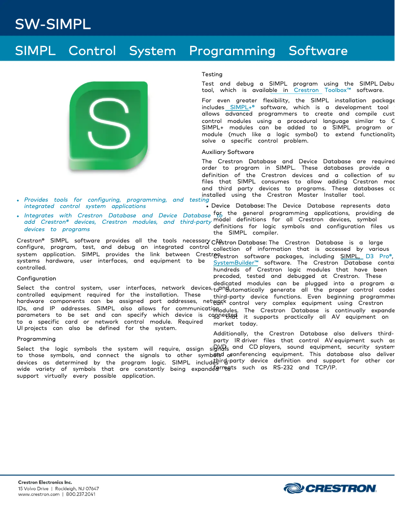 Página 1 del manual Ficha técnica Crestron SIMPL