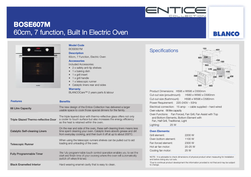 Página 1 del manual Ficha técnica BLANCO BOSE607M