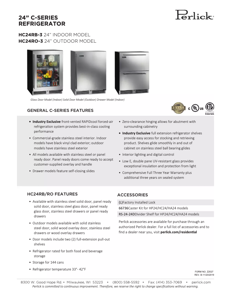 Página 1 del manual Ficha técnica Perlick C-Series HC24RB35