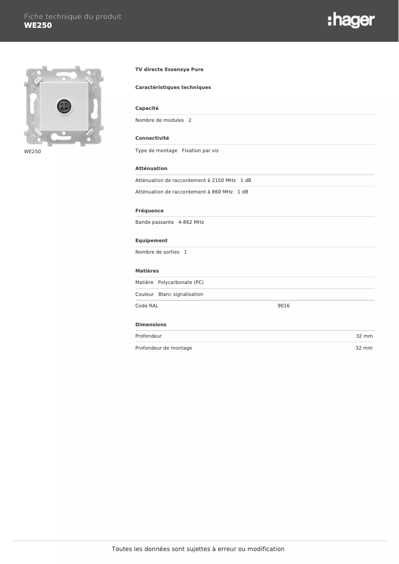 Página 1 del manual Ficha técnica Hager WE250
