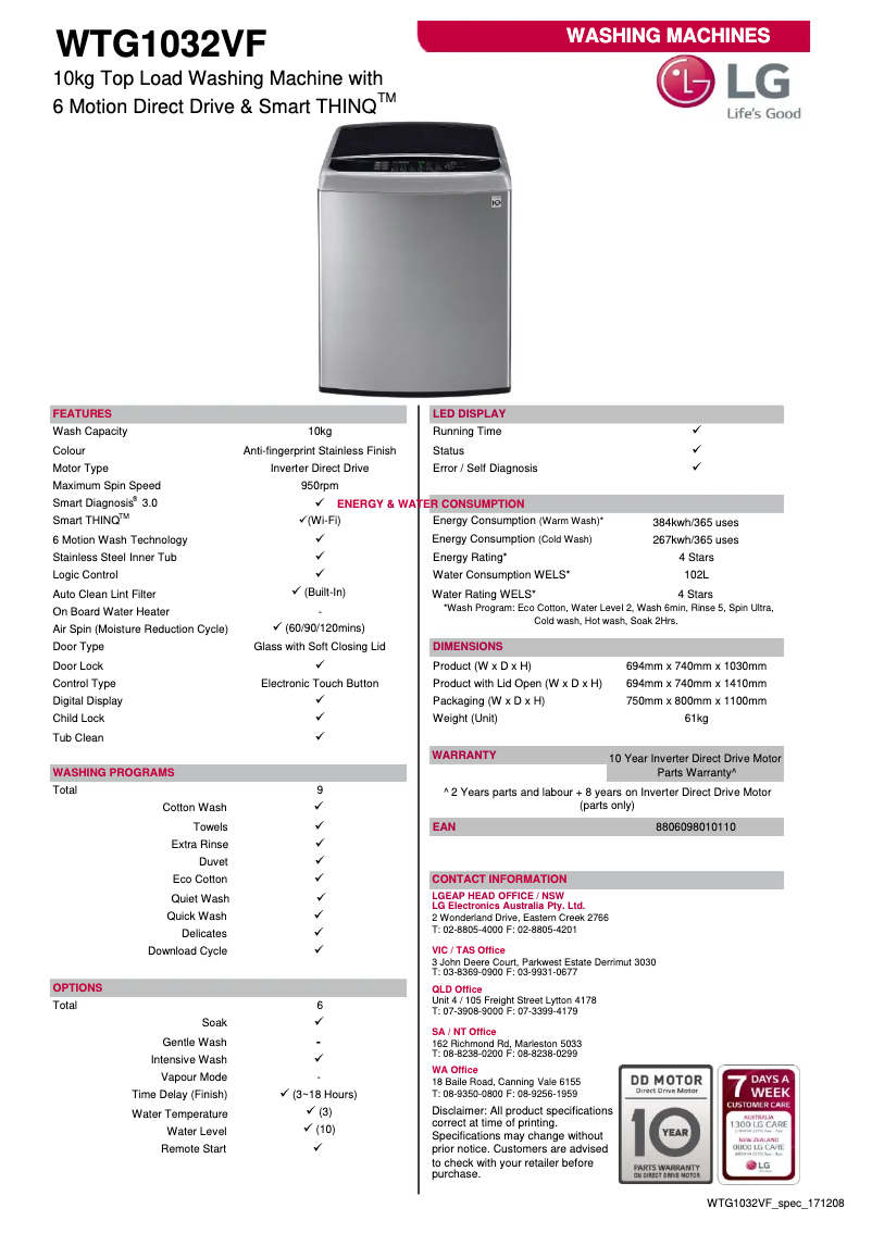 Página 1 del manual Ficha técnica LG WTG1032VF