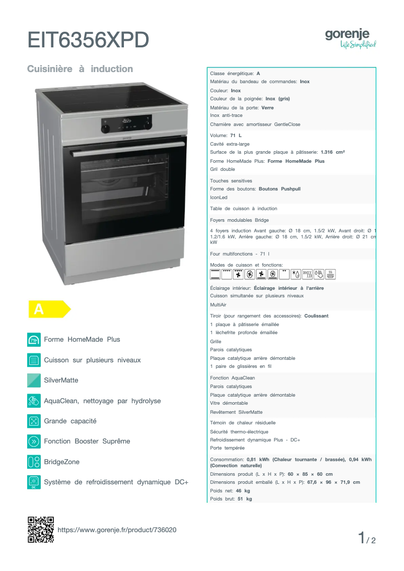 Página 1 del manual Ficha técnica Gorenje EIT6356XPD