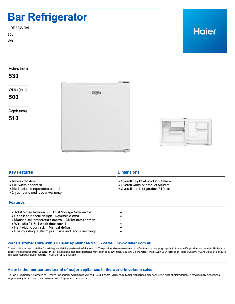 Página 1 del manual Ficha técnica Haier HBF55W