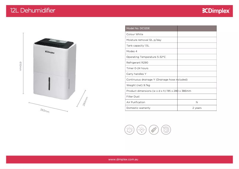Página 1 del manual Ficha técnica Dimplex DC12DE