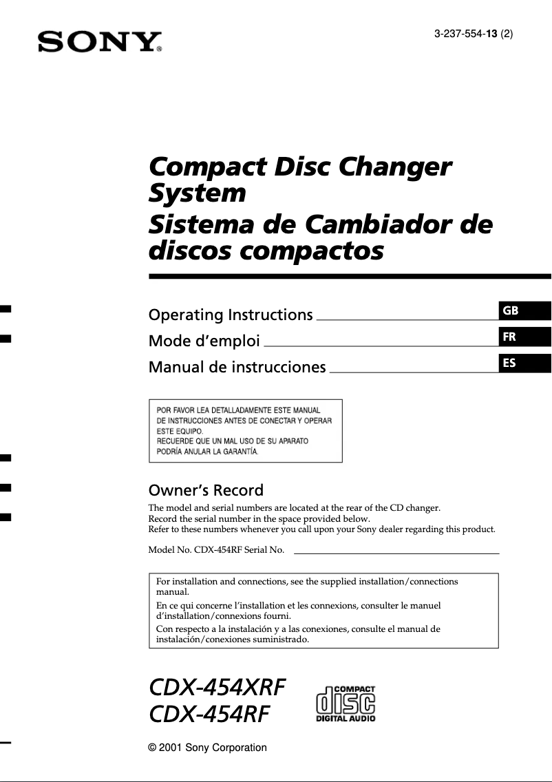 Imagen de la primera página del manual del dispositivo CDX-454RF