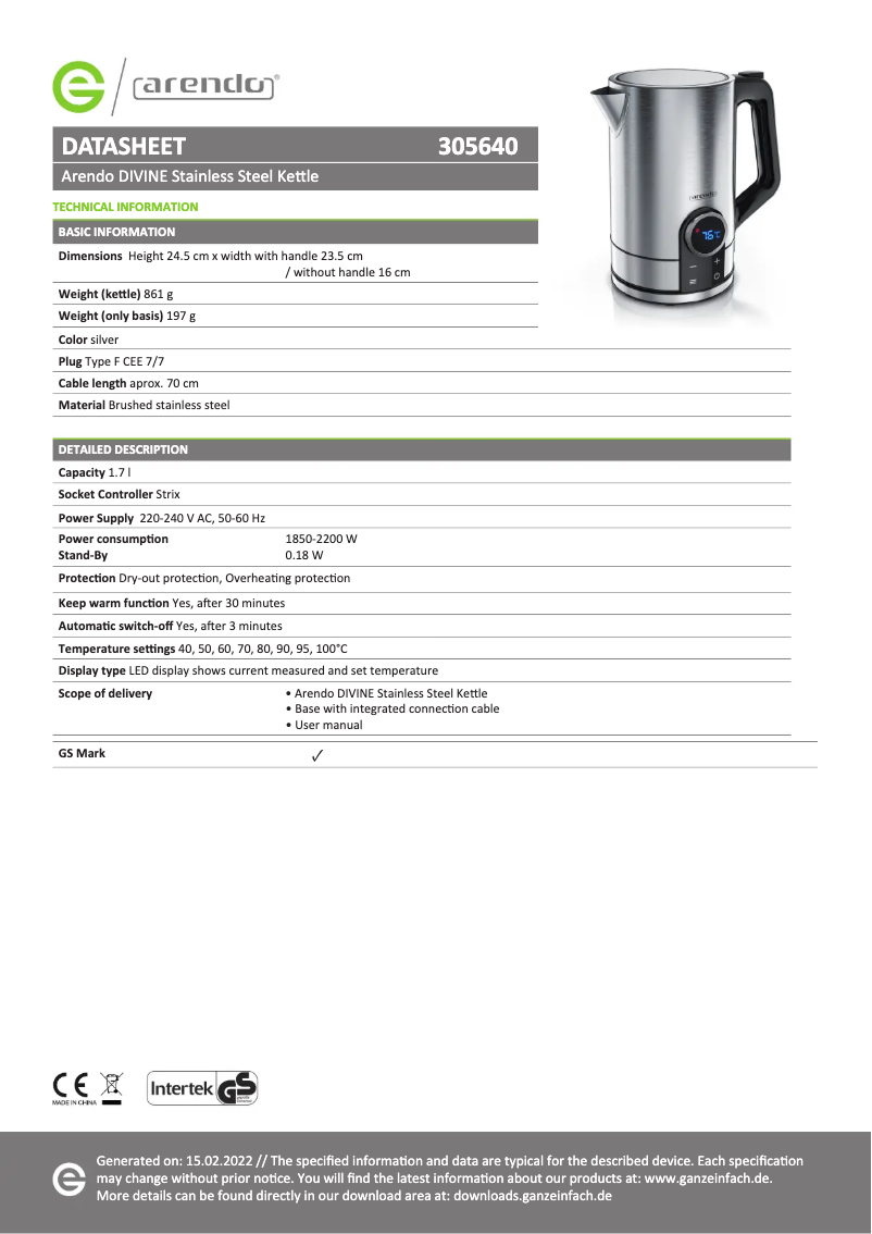 Página 1 del manual Ficha técnica Arendo Divine 305640