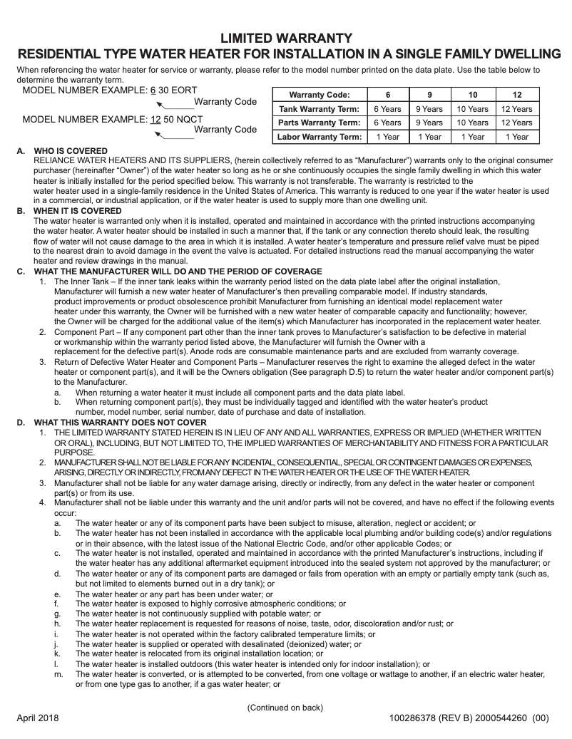 Página 1 del manual Manual de instrucciones Reliance 1240EGRT