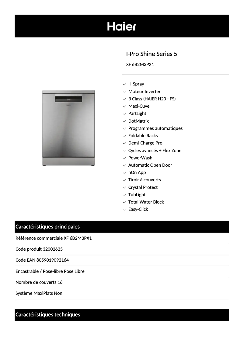 Página 1 del manual Ficha técnica Haier XF 6B2M3PX1