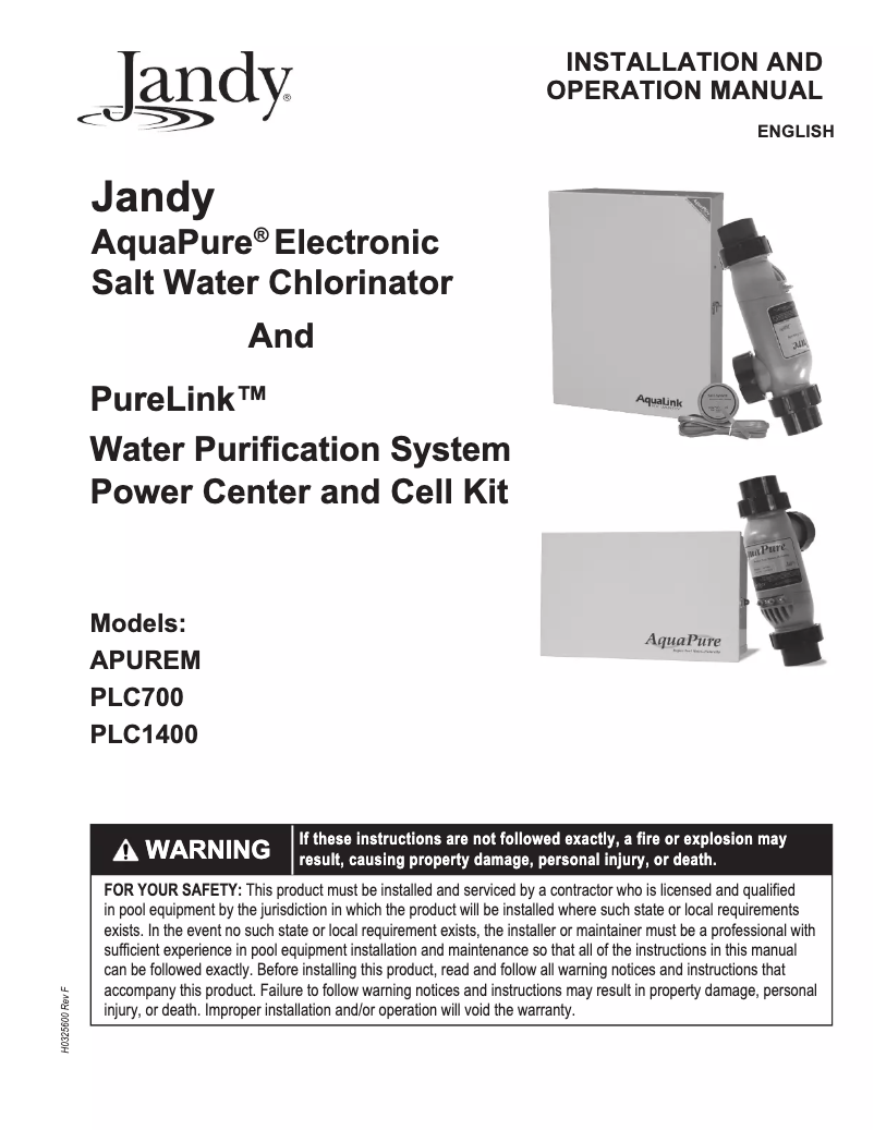 Imagen de la primera página del manual del dispositivo AquaPure PLC700