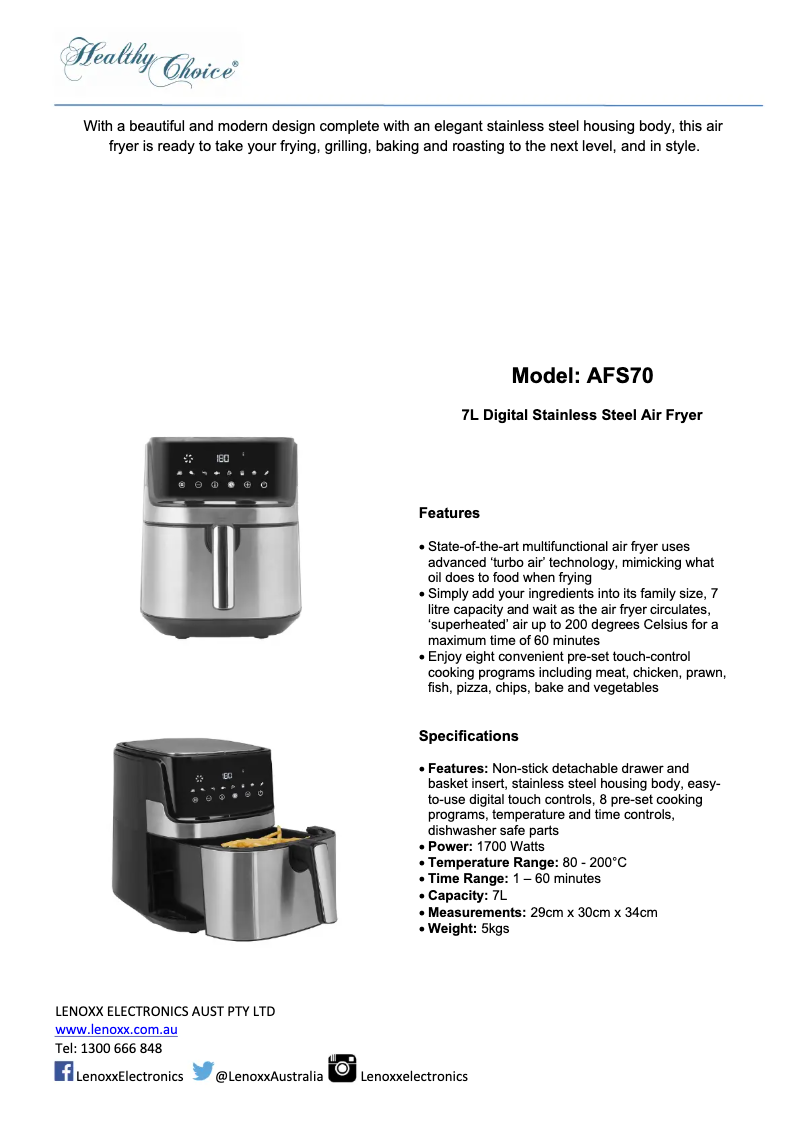 Página 1 del manual Manual de usuario Healthy Choice AFS70