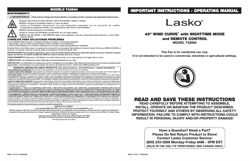 Página nº 1 - Manual de usuario Lasko T42964