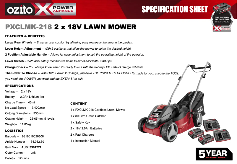 Página nº 1 - Ficha técnica Ozito PXCLMK-218