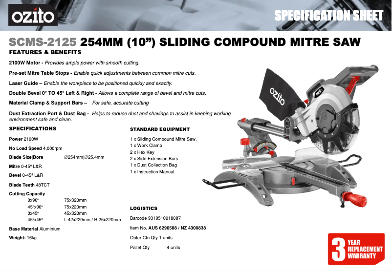 Página 1 del manual Ficha técnica Ozito SCMS-2125