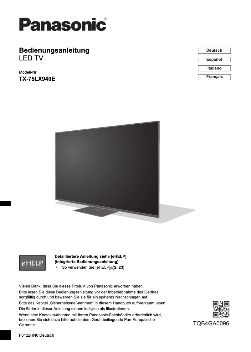 Imagen de la primera página del manual del dispositivo TX-75LX940E