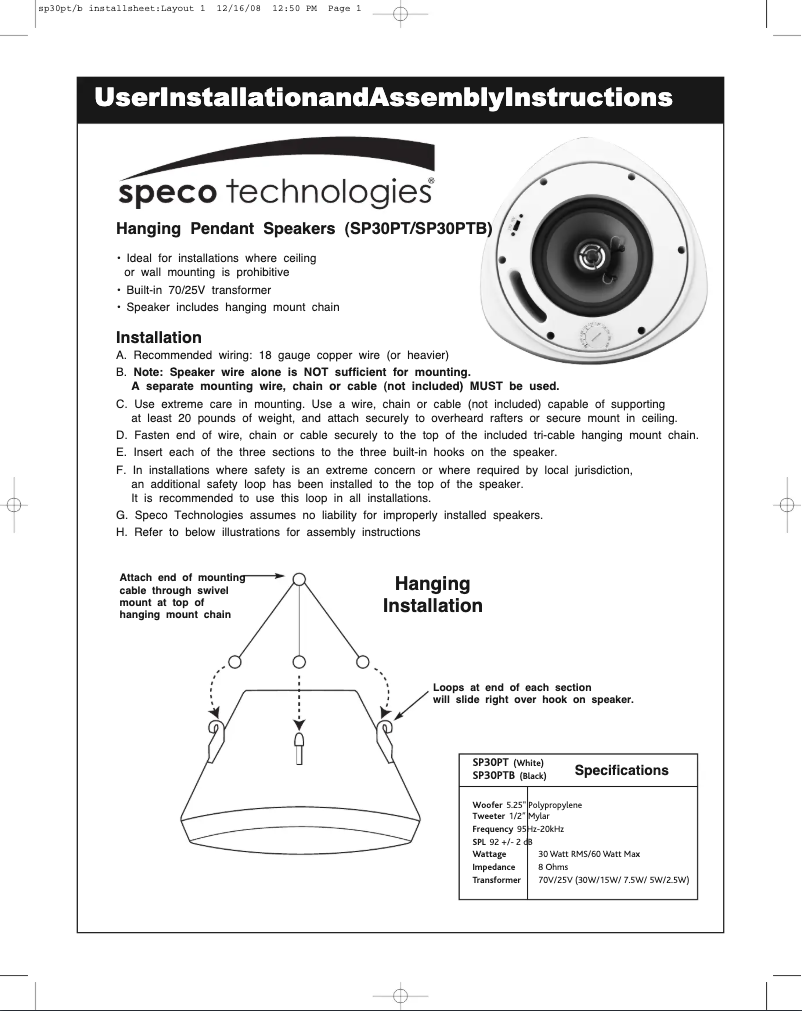 Página nº 1 - Manual de usuario Speco Technologies SP30PT