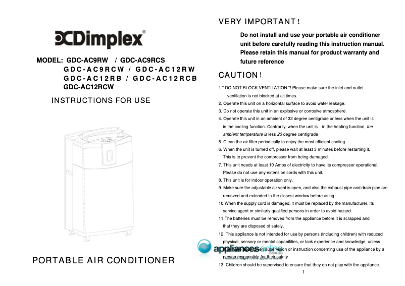 Imagen de la primera página del manual del dispositivo GDC-AC9RW