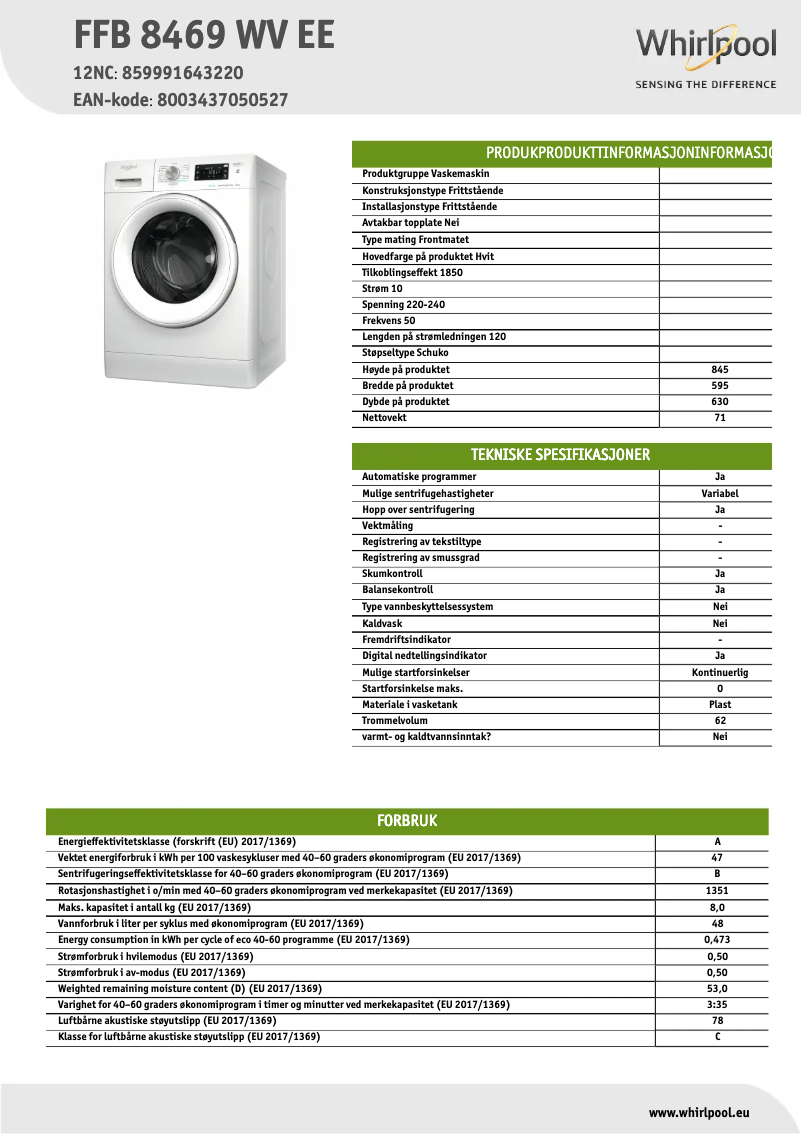 Página 1 del manual Ficha técnica Whirlpool FFB 8469 WV EE