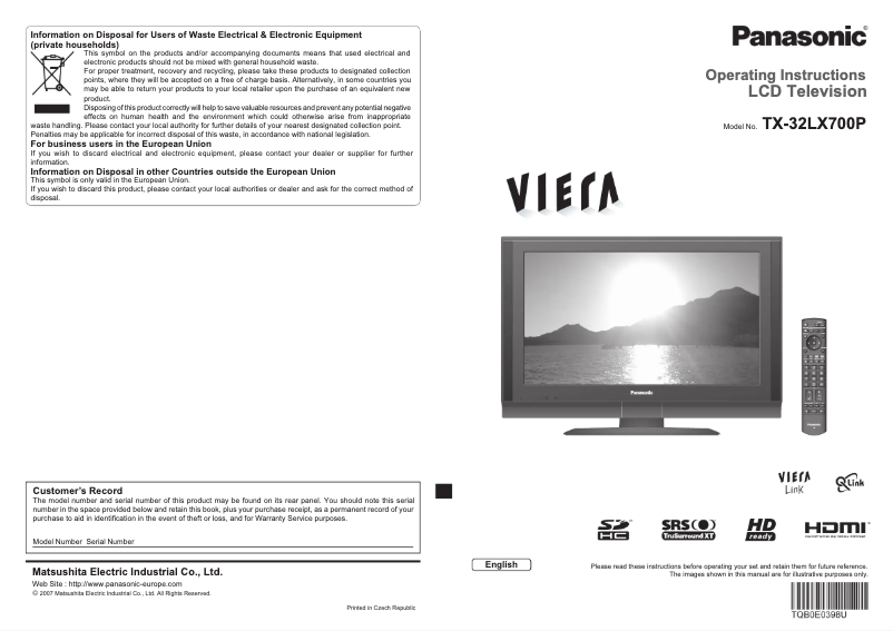 Página nº 1 - Manual de usuario Panasonic Viera TX-32LX700P