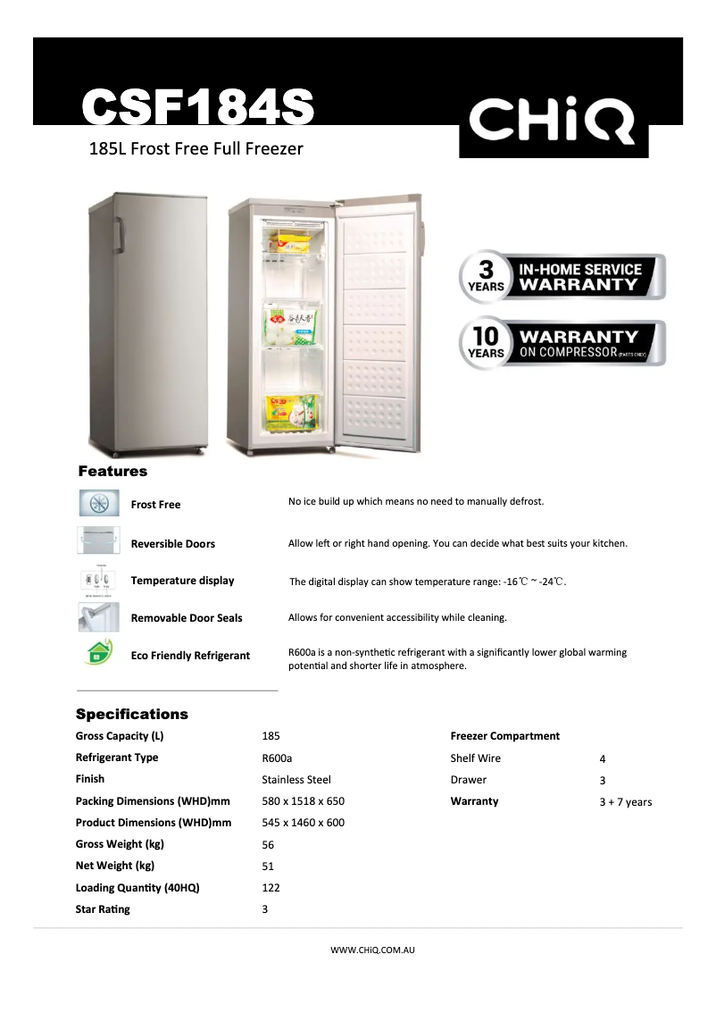 Página 1 del manual Ficha técnica CHiQ CSF184S