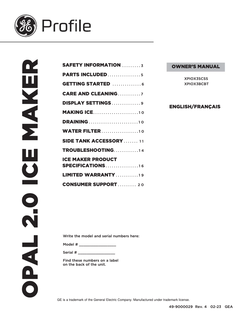 Imagen de la primera página del manual del dispositivo Profile Opal XPIOX3SCSS