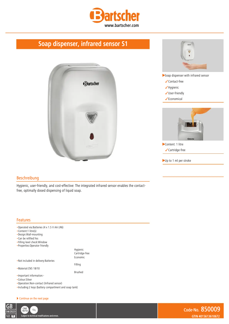 Página 1 del manual Ficha técnica Bartscher 850009