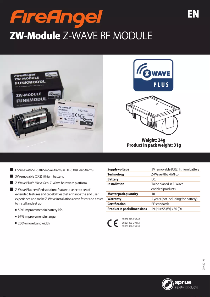 Página 1 del manual Ficha técnica FireAngel ZB-module