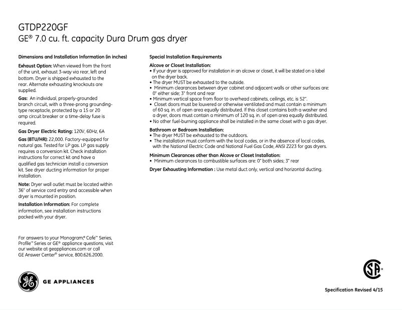 Imagen de la primera página del manual del dispositivo GTDP220GFWW