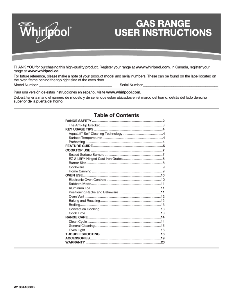 Página 1 del manual Manual de usuario Whirlpool WFG745H0FS