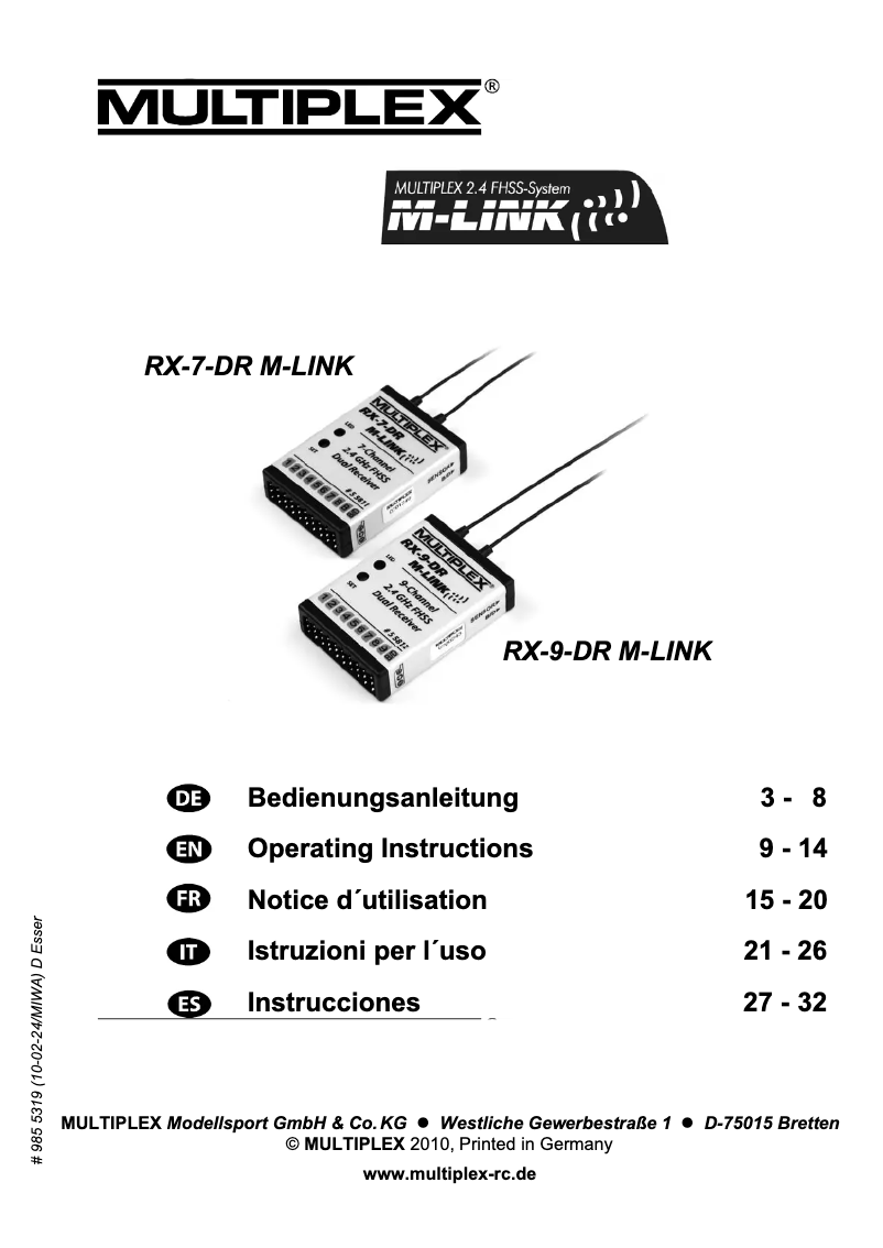Imagen de la primera página del manual del dispositivo RX-7-DR