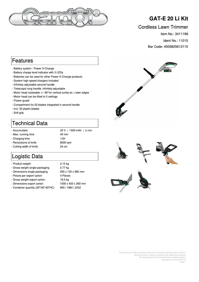 Página 1 del manual Ficha técnica Gardol GAT-E 20 Li Kit