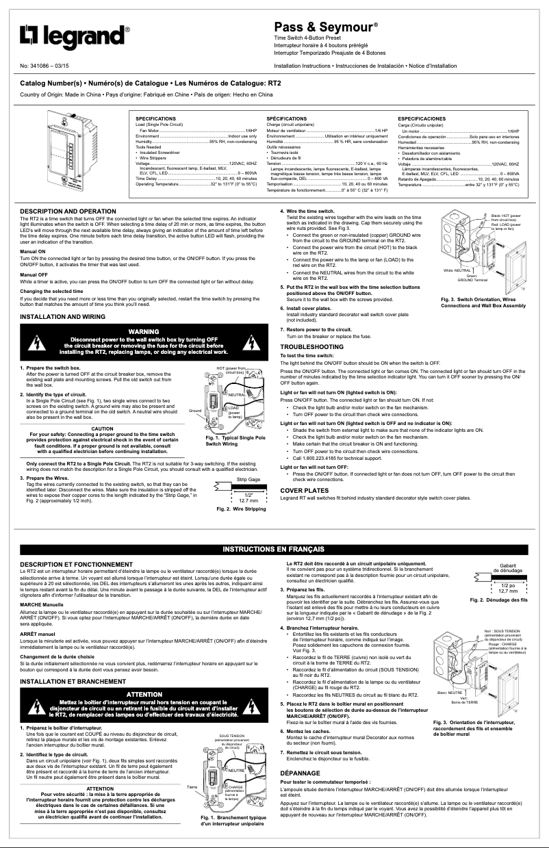 Imagen de la primera página del manual del dispositivo Pass & Seymour RT2