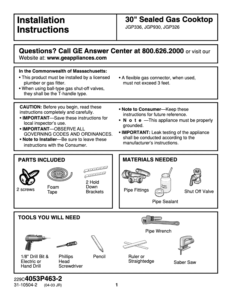 Página 1 del manual Guía de instalación GE JGP336BEDBB
