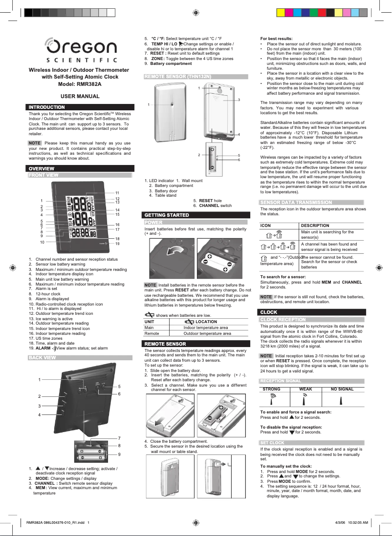 Página 1 del manual Manual de usuario Oregon Scientific RMR382